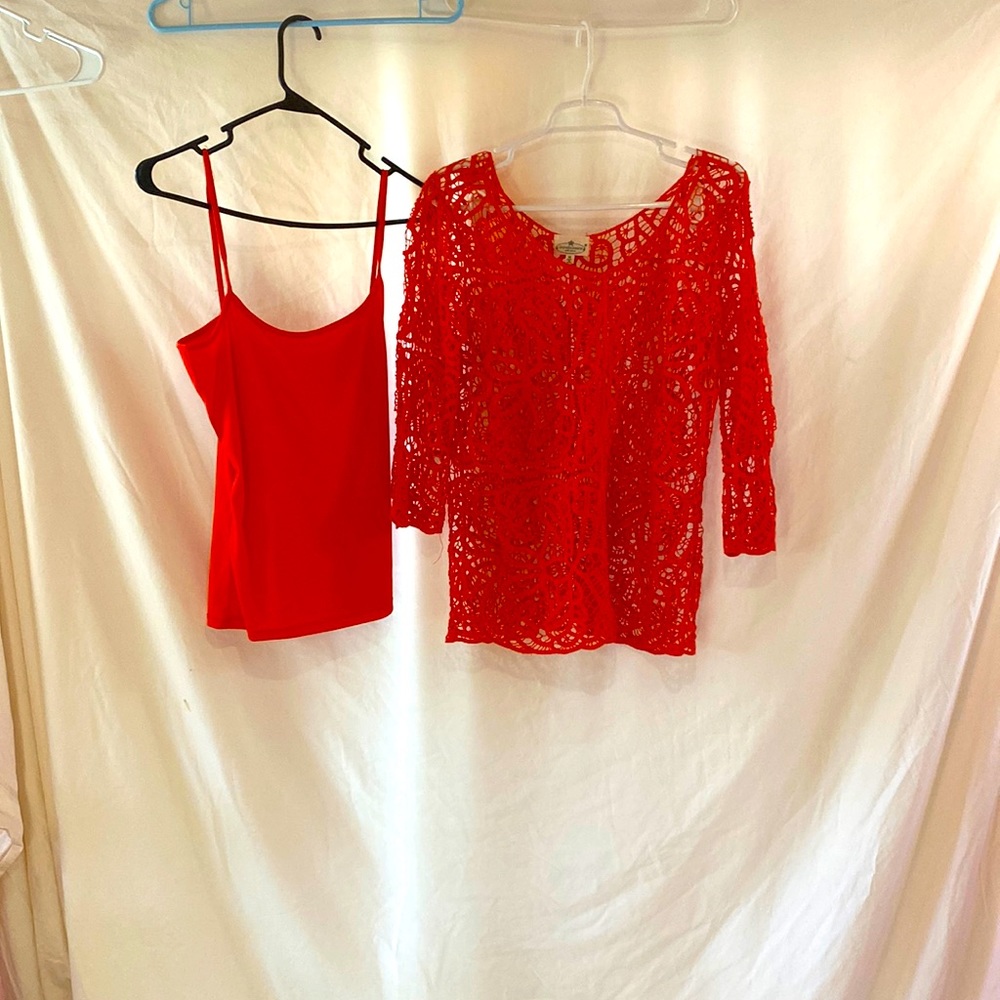 Beautiful red crocheted top with underlining top and bright fire engine red